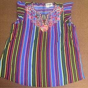 🌸 Savannah Jane Boho Embroidered Striped Top | Bright Multicolor Ruffle Sleeve
